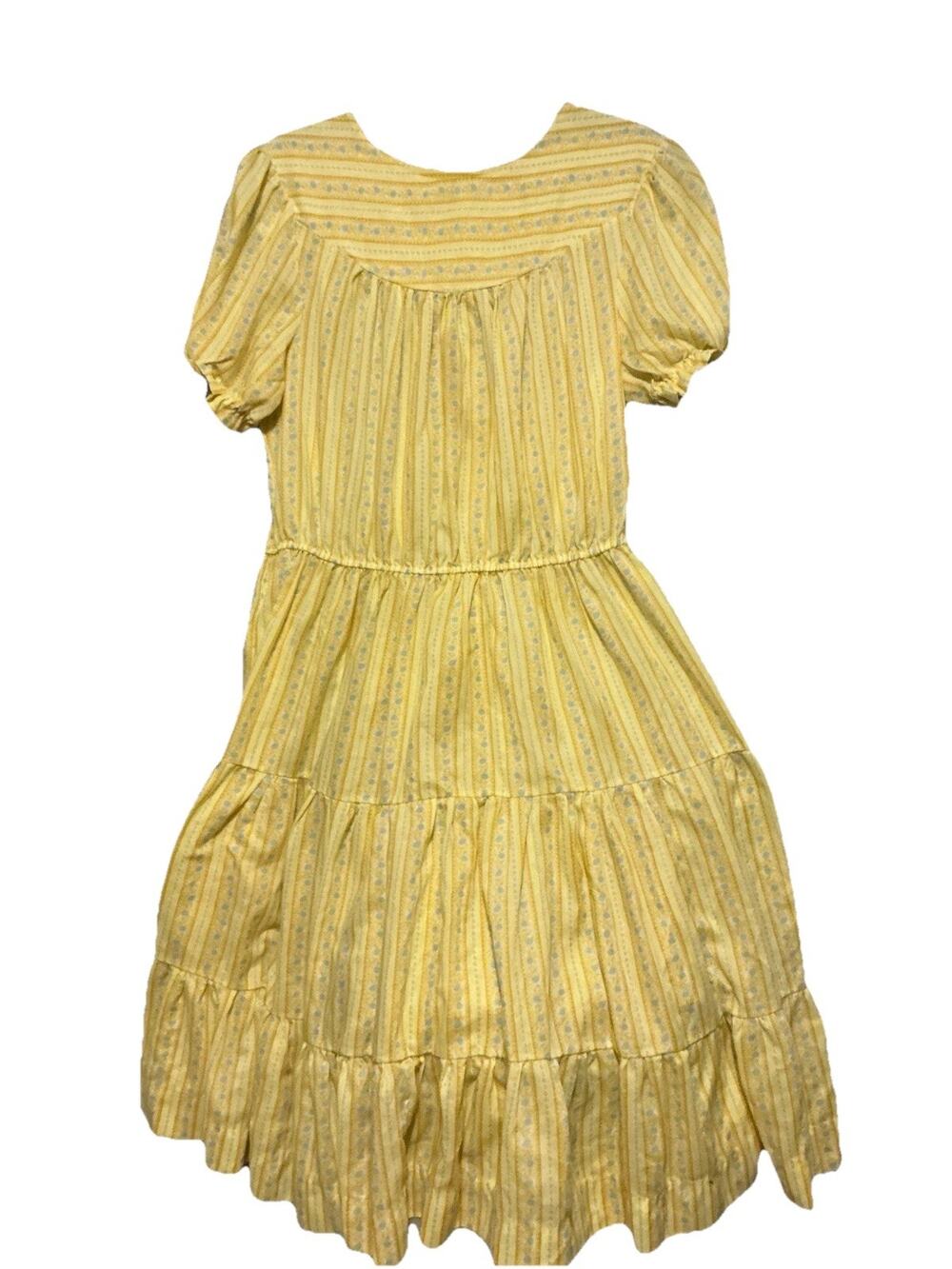 VTG Handmade Yellow Striped Tiered Midi Dress 14 Prairie Coquette Smocked Waist
